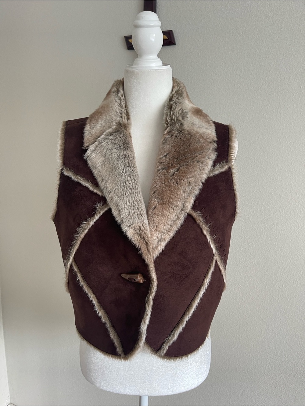 Faded Glory Brown Faux-Suede Vest with Taupe Faux Fur Trim